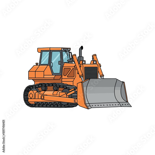 An orange bulldozer is pushing dirt on a construction site with its large blade.