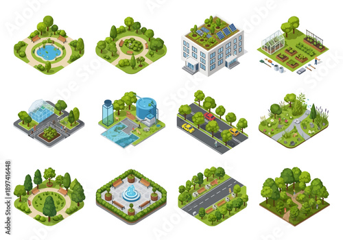 Isometric city elements illustrating urban green spaces, eco-friendly buildings, and transportation infrastructure