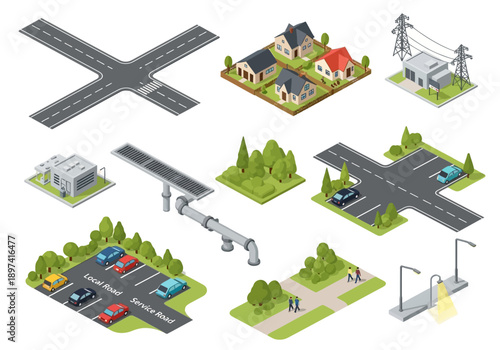 Isometric city elements including streets, buildings, trees, parking lot, and power infrastructure