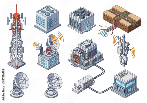 Isometric network and communication infrastructure with towers, buildings, and equipment