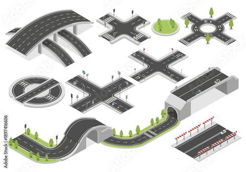 Set of isometric road elements, including highways, intersections, bridges, and tunnels