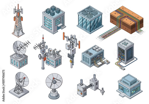 Isometric icons of telecommunication and data centers with networking infrastructure