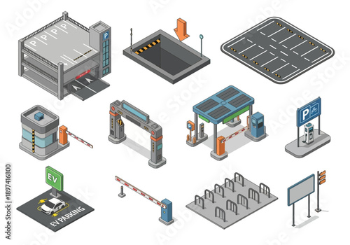 Set of isometric parking icons and elements for parking lots, garages, and electric vehicle charging stations