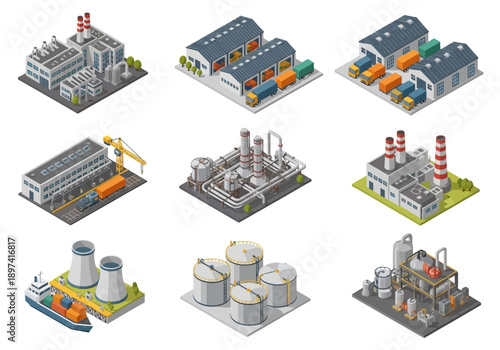 Isometric industrial facilities and manufacturing plants on white background, industry and production concept