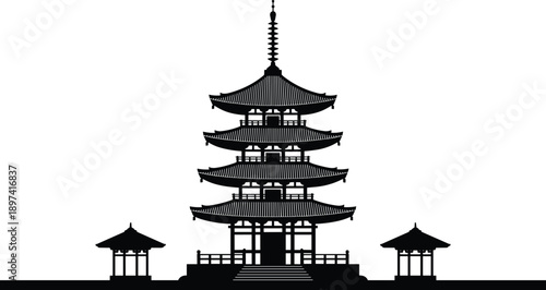 Pagoda Silhouette Illustration – Traditional East Asian Five-Tier Temple with Pavilion Structures Representing Cultural Heritage, Architecture, and Religious Symbolism for Design and Art Use