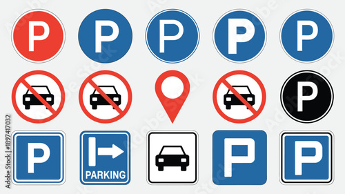 Parking and no parking signs, location pins and vehicle icons, road guidance and traffic regulation vector illustration.