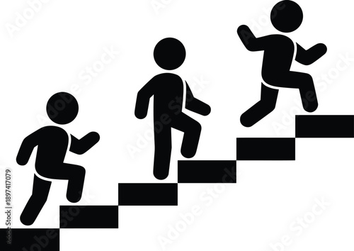 Progress Silhouette Illustration – Black Icon Depiction of Three Human Figures Ascending Stairs Representing Growth, Achievement, and Advancement in Educational, Motivational, or Professional Contexts