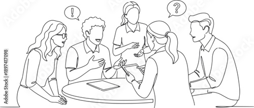 Group of young people discuss interesting task together and talking