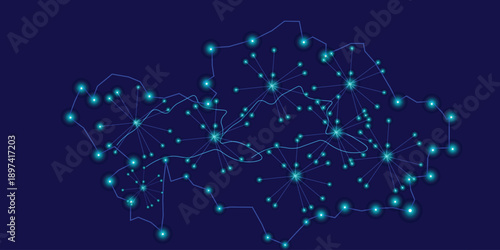 Abstract futuristic glowing map of Kazakhstan with neon lightning,  illustrated Vectors