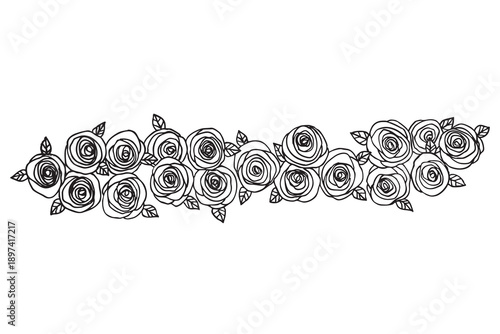 Rose flowers with leaves. Floral hand drawn art ornamental background. Doodle style. Vector illustration. Simple minimalistic nature design.
