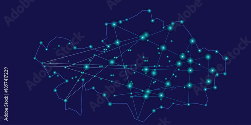 Abstract futuristic glowing map of Kazakhstan with neon lightning,  illustrated Vectors