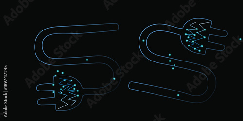 Abstract glowing blue neon electric plug and cable  against a stark black background  illustrated Vectors