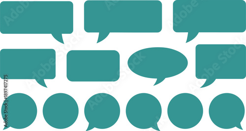 Speech Bubble Icon Set – Teal Cartoon Illustration of Rectangular, Oval, and Circular Dialogue Shapes for Communication, Messaging, and Graphic Design Use