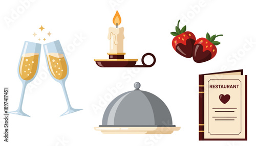 Romantic Dinner Elements with Champagne and Candlelight