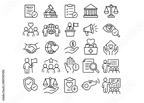 Public Policy  Government Icons Set – Law, Justice, Economy, Society Line Vector Collection
