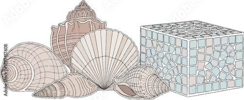 Various seashells like conchs and scallops arranged beside a decorative cube with mosaic patterns