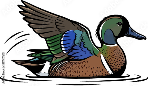 Vibrant cartoon illustration of a duck with raised wings, creating ripples in water