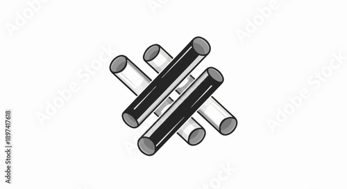 An optical illusion graphic with black and white cylindrical bars intertwined on a white background