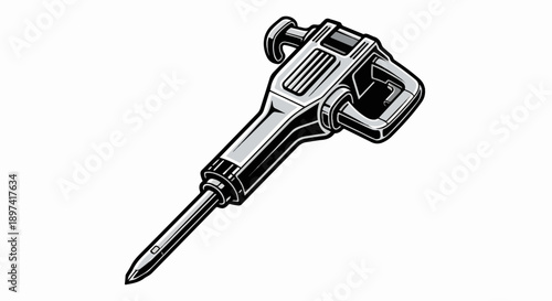 An isometric graphic illustration of a heavy-duty jackhammer tool in grayscale on a clean white background