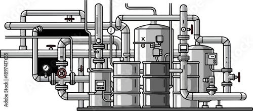 Intricate pixel art depicting a sprawling industrial pipeline network with multiple tanks, valves, and gauges