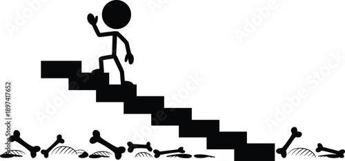 Symbolic Silhouette Illustration – Stick Figure Climbing Stairs Above Bones Representing Progress, Struggle, and Overcoming Past Sacrifices Toward Growth and Achievement