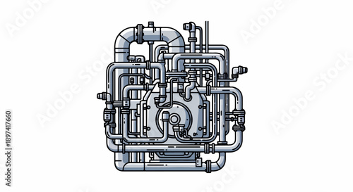 Complex network of industrial pipes, valves, and mechanical components rendered in a clean, graphic style