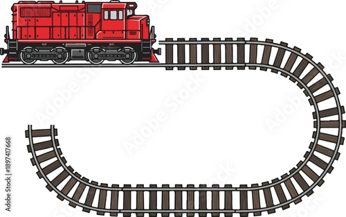 Cartoon red train engine on tracks forming a U-shape, on a white background, depicting transportation