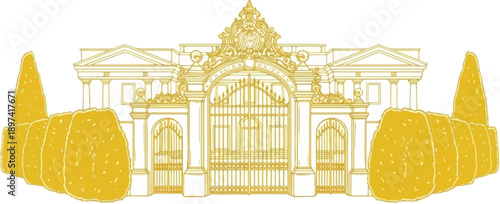 Grand, ornate golden gate and classical architecture flanked by stylized yellow topiary bushes illustration