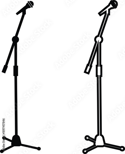 Microphone Audio Equipment Black Flat Line Style Vector Icon Set, Sound Recording Symbol Collection and Music Podcast Outline Graphic Group Featuring Mic, Headset and Earphone