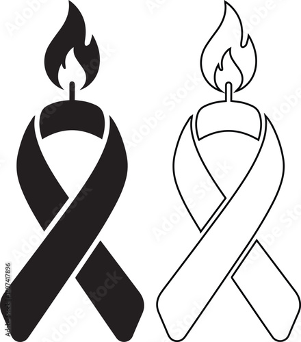 Mourning ribbon icon set combined with a candle flame in silhouette and linear styles, representing funeral tribute, awareness, hope, memorial service, and respectful remembrance of the deceased.