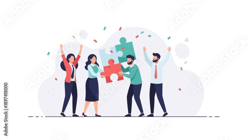 Teamwork success: diverse people connect puzzle pieces, celebrating achievement with confetti.