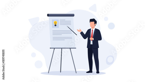 Businessman presenting idea on flip chart, innovation concept illustration