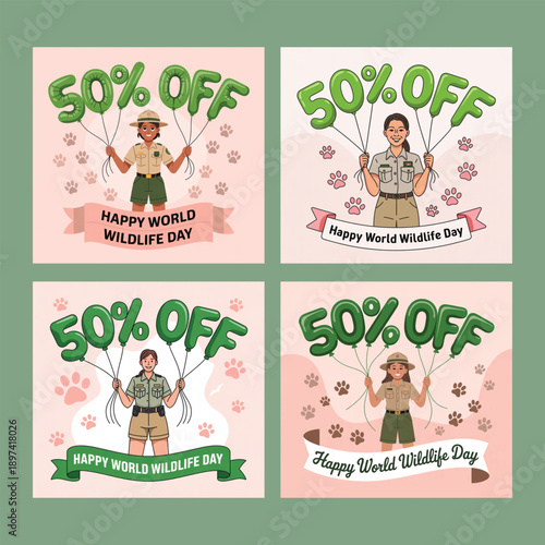 happy world wildlife day set of square social media posts