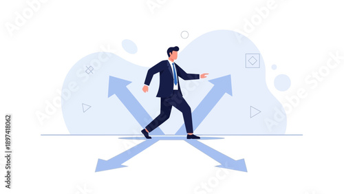 Businessman making a choice at a crossroads with multiple arrows pointing different directions