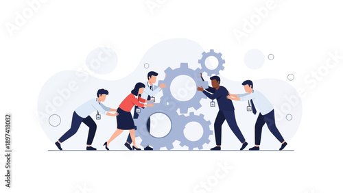 Teamwork concept: Diverse people pushing gears together for success and collaboration
