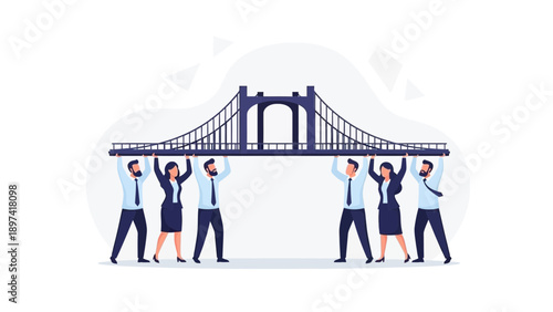 Teamwork building bridge, business people collaboration, partnership success, unity, support