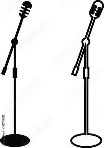 Microphone Audio Equipment Black Flat Line Style Vector Icon Set, Sound Recording Symbol Collection and Music Podcast Outline Graphic Group Featuring Mic, Headset and Earphone