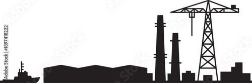 Industrial factory building silhouette with a crane and a ship on a transparent background