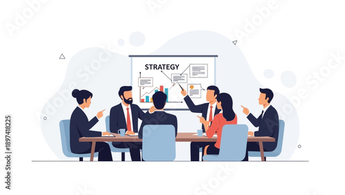Business Team Meeting Strategy Presentation at Whiteboard