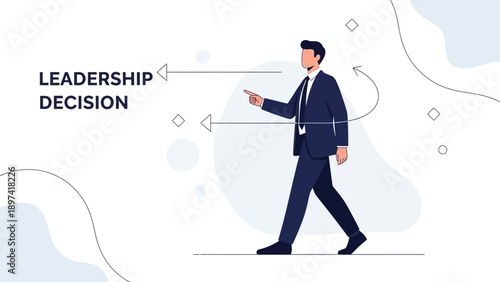 Businessman making leadership decision, pointing direction, career path, strategy concept