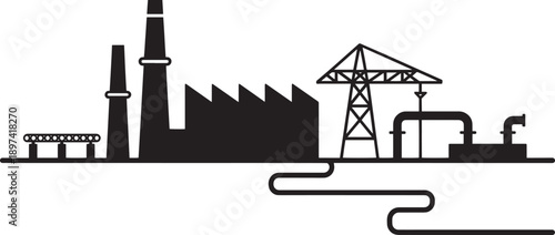 Industrial factory complex with smoking chimneys power crane and pipeline silhouette art