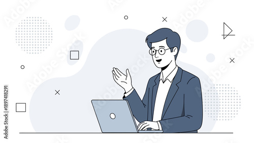 Businessman talking on laptop, animated illustration, flat design, communication concept