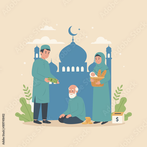 Muslim couple giving Zakat and charity to elderly man in front of mosque silhouette, flat illustration