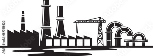 Industrial factory landscape with multiple buildings smokestacks and heavy machinery crane