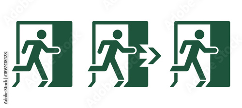 Universal green emergency exit signs, running person leaving door, with and without arrows, vector illustration.