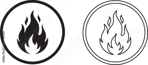 Fire flame icon vector set featuring solid silhouette and linear outline styles isolated on white background, representing heat, burn, energy, bonfire, and flammable danger warning symbol.