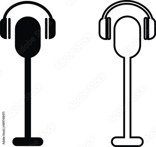 Microphone Audio Equipment Black Flat Line Style Vector Icon Set, Sound Recording Symbol Collection and Music Podcast Outline Graphic Group Featuring Mic, Headset and Earphone