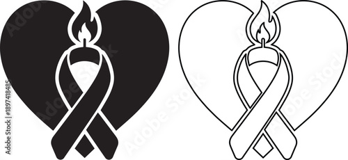 Vector illustration set of a heart and burning candle formed by an awareness ribbon, featuring silhouette and outline styles for memorial tributes, charity support, and hope icons.