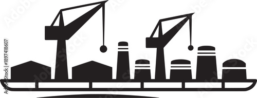 Industrial harbor skyline with cranes and storage tanks silhouette against gray background