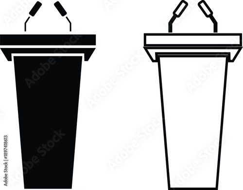 Microphone Audio Equipment Black Flat Line Style Vector Icon Set, Sound Recording Symbol Collection and Music Podcast Outline Graphic Group Featuring Mic, Headset and Earphone